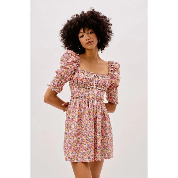 NWT For Love & Lemons Libby Mini Dress | Floral Pink Yellow | SZ M - Picture 1 of 15